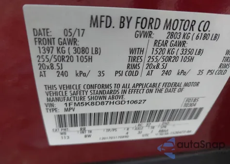 2017 Ford Explorer Xlt from USA, damaged, VIN 1FM5K8D87HGD10627